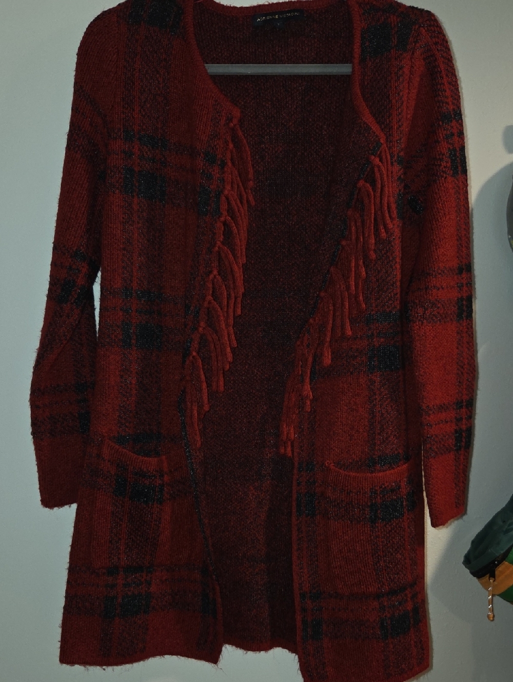 Adrienne Vittadini Red and Black Plaid Fringe Open-Front Cardigan